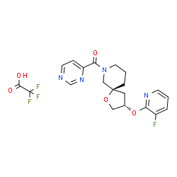 ChemSpider 2D Image | {(3S,5S)-3-[(3-Fluoro-2-pyridinyl)oxy]-1-oxa-7-azaspiro[4.5]dec-7-yl}(4-pyrimidinyl)methanone trifluoroacetate (1:1) | C20H20F4N4O5