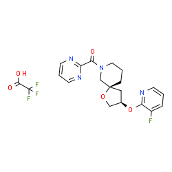 ChemSpider 2D Image | {(3R,5S)-3-[(3-Fluoro-2-pyridinyl)oxy]-1-oxa-7-azaspiro[4.5]dec-7-yl}(2-pyrimidinyl)methanone trifluoroacetate (1:1) | C20H20F4N4O5