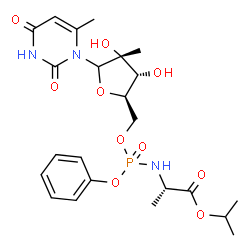 ChemSpider 2D Image | Isopropyl (2S)-2-{[{[(2R,3R,4R)-3,4-dihydroxy-4-methyl-5-(6-methyl-2,4-dioxo-3,4-dihydro-1(2H)-pyrimidinyl)tetrahydro-2-furanyl]methoxy}(phenoxy)phosphoryl]amino}propanoate (non-preferred name) | C23H32N3O10P