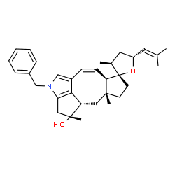 ChemSpider 2D Image | (1R,3'S,5Z,5'R,6aR,7S,9aR,10aS)-3-Benzyl-1,3',9a-trimethyl-5'-(2-methyl-1-propen-1-yl)-2,3,4',5',6a,8,9,9a,10,10a-decahydro-1H,3'H-spiro[3-azacyclopenta[5,6]cycloocta[1,2,3-cd]pentalene-7,2'-furan]-1-
ol | C32H41NO2