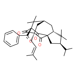 ChemSpider 2D Image | (1R,3R,5R,7R,9R,11S)-9-Benzoyl-3-isopropyl-4,4,8,8-tetramethyl-11-(3-methyl-2-buten-1-yl)tetracyclo[7.3.1.1~7,11~.0~1,5~]tetradecane-10,12,13-trione | C33H42O4