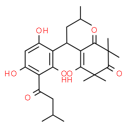 ChemSpider 2D Image | 5-Hydroxy-2,2,6,6-tetramethyl-4-{3-methyl-1-[2,4,6-trihydroxy-3-(3-methylbutanoyl)phenyl]butyl}-4-cyclohexene-1,3-dione | C26H36O7