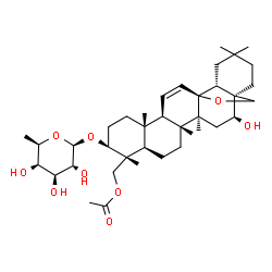 ChemSpider 2D Image | (3beta,13alpha,16beta)-3-[(6-Deoxy-beta-D-galactopyranosyl)oxy]-16-hydroxy-13,28-epoxyolean-11-en-23-yl acetate | C38H60O9