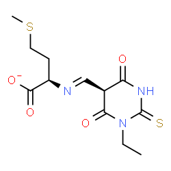 ChemSpider 2D Image | (2R)-2-[(E)-{[(5S)-1-Ethyl-4,6-dioxo-2-thioxohexahydro-5-pyrimidinyl]methylene}amino]-4-(methylsulfanyl)butanoate | C12H16N3O4S2