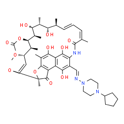 ChemSpider 2D Image | (7S,9Z,11S,12S,13S,14R,15R,16R,17S,18S,19E,21Z)-26-{(E)-[(4-Cyclopentyl-1-piperazinyl)imino]methyl}-2,15,17,27,29-pentahydroxy-11-methoxy-3,7,12,14,16,18,22-heptamethyl-6,23-dioxo-8,30-dioxa-24-azatet
racyclo[23.3.1.1~4,7~.0~5,28~]triaconta-1(28),2,4,9,19,21,25(29),26-octaen-13-yl acetate | C47H64N4O12
