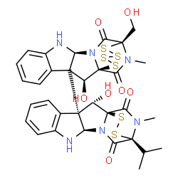 ChemSpider 2D Image | (1R,2S,3S,11S,14R)-2-Hydroxy-3-[(1S,2S,3S,11R,14S)-2-hydroxy-14-isopropyl-18-methyl-13,17-dioxo-15,16-dithia-10,12,18-triazapentacyclo[12.2.2.0~1,12~.0~3,11~.0~4,9~]octadeca-4,6,8-trien-3-yl]-14-(hydr
oxymethyl)-20-methyl-15,16,17,18-tetrathia-10,12,20-triazapentacyclo[12.4.2.0~1,12~.0~3,11~.0~4,9~]icosa-4,6,8-triene-13,19-dione | C32H32N6O7S6