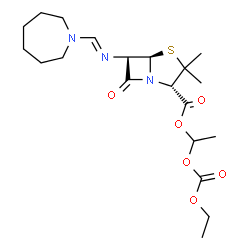 ChemSpider 2D Image | 1-[(Ethoxycarbonyl)oxy]ethyl (2S,5R)-6-[(E)-(1-azepanylmethylene)amino]-3,3-dimethyl-7-oxo-4-thia-1-azabicyclo[3.2.0]heptane-2-carboxylate | C20H31N3O6S