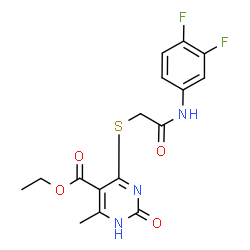 ChemSpider 2D Image | Ethyl 4-({2-[(3,4-difluorophenyl)amino]-2-oxoethyl}sulfanyl)-6-methyl-2-oxo-1,2-dihydro-5-pyrimidinecarboxylate | C16H15F2N3O4S