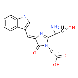 ChemSpider 2D Image | [(4Z)-2-[(1R)-1-Amino-2-hydroxyethyl]-4-(1H-indol-3-ylmethylene)-5-oxo-4,5-dihydro-1H-imidazol-1-yl]acetic acid | C16H16N4O4