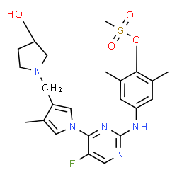 ChemSpider 2D Image | 4-{[5-Fluoro-4-(3-{[(3R)-3-hydroxy-1-pyrrolidinyl]methyl}-4-methyl-1H-pyrrol-1-yl)-2-pyrimidinyl]amino}-2,6-dimethylphenyl methanesulfonate | C23H28FN5O4S