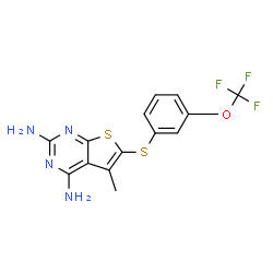 ChemSpider 2D Image | 5-Methyl-6-{[3-(trifluoromethoxy)phenyl]sulfanyl}thieno[2,3-d]pyrimidine-2,4-diamine | C14H11F3N4OS2