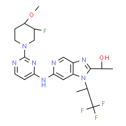 ChemSpider 2D Image | (1R)-1-{6-({2-[(3S,4R)-3-Fluoro-4-methoxy-1-piperidinyl]-4-pyrimidinyl}amino)-1-[(2S)-1,1,1-trifluoro-2-propanyl]-1H-imidazo[4,5-c]pyridin-2-yl}ethanol | C21H25F4N7O2