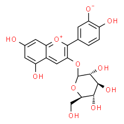 ChemSpider 2D Image | 5-[3-(D-Glucopyranosyloxy)-5,7-dihydroxy-2-chromeniumyl]-2-hydroxyphenolate | C21H20O11