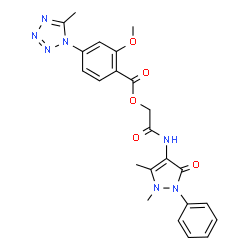 ChemSpider 2D Image | 2-[(1,5-Dimethyl-3-oxo-2-phenyl-2,3-dihydro-1H-pyrazol-4-yl)amino]-2-oxoethyl 2-methoxy-4-(5-methyl-1H-tetrazol-1-yl)benzoate | C23H23N7O5
