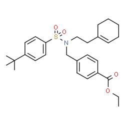 ChemSpider 2D Image | Ethyl 4-[([2-(1-cyclohexen-1-yl)ethyl]{[4-(2-methyl-2-propanyl)phenyl]sulfonyl}amino)methyl]benzoate | C28H37NO4S
