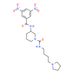 ChemSpider 2D Image | 3-[(3,5-Dinitrobenzoyl)amino]-N-[4-(1-pyrrolidinyl)butyl]-1-piperidinecarboxamide | C21H30N6O6