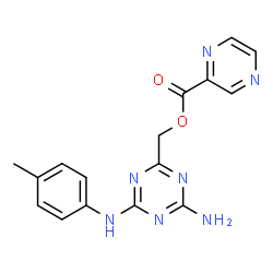 ChemSpider 2D Image | {4-Amino-6-[(4-methylphenyl)amino]-1,3,5-triazin-2-yl}methyl 2-pyrazinecarboxylate | C16H15N7O2