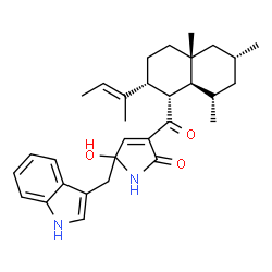 ChemSpider 2D Image | 3-({(1R,2R,4aR,6R,8S,8aS)-2-[(2E)-2-Buten-2-yl]-4a,6,8-trimethyldecahydro-1-naphthalenyl}carbonyl)-5-hydroxy-5-(1H-indol-3-ylmethyl)-1,5-dihydro-2H-pyrrol-2-one | C31H40N2O3