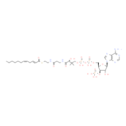 ChemSpider 2D Image | S-{(9R)-1-[(2R,3R,5R)-5-(6-Amino-9H-purin-9-yl)-4-hydroxy-3-(phosphonooxy)tetrahydro-2-furanyl]-3,5,9-trihydroxy-8,8-dimethyl-3,5-dioxido-10,14-dioxo-2,4,6-trioxa-11,15-diaza-3lambda~5~,5lambda~5~-dip
hosphaheptadecan-17-yl} (2E,5Z)-2,5-dodecadienethioate (non-preferred name) | C33H54N7O17P3S