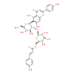 ChemSpider 2D Image | (1S)-1,5-Anhydro-1-[5,7-dihydroxy-2-(4-hydroxyphenyl)-4-oxo-4H-chromen-6-yl]-2-O-{6-O-[(2E)-3-(4-hydroxyphenyl)-2-propenoyl]-beta-D-glucopyranosyl}-D-glucitol | C36H36O17
