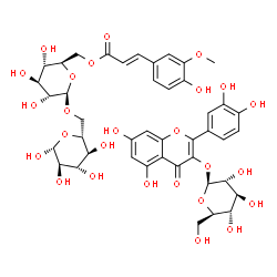 ChemSpider 2D Image | 2-(3,4-Dihydroxyphenyl)-5,7-dihydroxy-4-oxo-4H-chromen-3-yl beta-D-glucopyranoside - 6-O-{6-O-[(2E)-3-(4-hydroxy-3-methoxyphenyl)-2-propenoyl]-beta-D-glucopyranosyl}-beta-D-glucopyranose (1:1) | C43H50O26