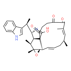 ChemSpider 2D Image | (1E,4S,5E,14S,14aR,15S,15aR,16aS,16bR)-12-Hydroxy-14-[(1R)-1-(1H-indol-3-yl)ethyl]-4,6,15,15a-tetramethyl-9,10,14,14a,15,15a,16a,16b-octahydro-3H-cyclotrideca[d]oxireno[f]isoindole-7,8,11(4H)-trione | C33H38N2O5