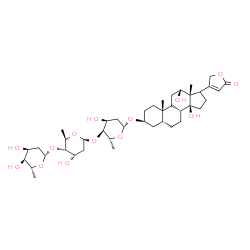 ChemSpider 2D Image | (3beta,5beta,9xi,12alpha,17xi)-3-{[2,6-Dideoxy-beta-D-ribo-hexopyranosyl-(1->4)-2,6-dideoxy-beta-D-ribo-hexopyranosyl-(1->4)-2,6-dideoxy-beta-D-ribo-hexopyranosyl]oxy}-12,14-dihydroxycard-20(22)-enoli
de | C41H64O14