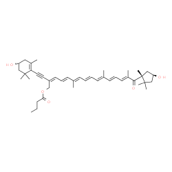 ChemSpider 2D Image | (2Z,4E,6E,8E,10E,12E,14E)-2-{[(4R)-4-Hydroxy-2,6,6-trimethyl-1-cyclohexen-1-yl]ethynyl}-16-[(1R,4S)-4-hydroxy-1,2,2-trimethylcyclopentyl]-6,11,15-trimethyl-16-oxo-2,4,6,8,10,12,14-hexadecaheptaen-1-yl
 butyrate | C42H58O5
