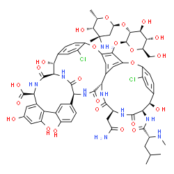 ChemSpider 2D Image | (1R,2R,18R,19R,22S,25S,28S,40S)-22-(2-Amino-2-oxoethyl)-48-{[2-O-(3-amino-2,3,6-trideoxy-3-methyl-alpha-L-lyxo-hexopyranosyl)-beta-D-glucopyranosyl]oxy}-5,15-dichloro-2,18,32,35,37-pentahydroxy-19-[(N
-methyl-D-leucyl)amino]-20,23,26,42,44-pentaoxo-7,13-dioxa-21,24,27,41,43-pentaazaoctacyclo[26.14.2.2~3,6~.2~14,17~.1~8,12~.1~29,33~.0~10,25~.0~34,39~]pentaconta-3,5,8(48),9,11,14,16,29(45),30,32,34,3
6,38,46,49-pentadecaene-40-carboxylic acid | C66H75Cl2N9O24