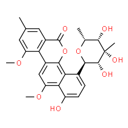 ChemSpider 2D Image | (6R)-2,6-Anhydro-1-deoxy-6-(1-hydroxy-10,12-dimethoxy-8-methyl-6-oxo-6H-dibenzo[c,h]chromen-4-yl)-4-C-methyl-D-altritol | C27H28O9
