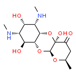 ChemSpider 2D Image | (2R,4aR,5aS,6S,7S,8R,9S,9aR,10aS)-4a,7,9-Trihydroxy-2-methyl-6,8-bis(methylamino)decahydro-4H-pyrano[2,3-b][1,4]benzodioxin-4-one | C14H24N2O7