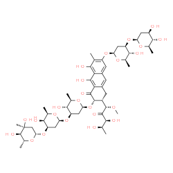 ChemSpider 2D Image | (1S)-5-Deoxy-1-C-[(2R,3S)-7-{[2,6-dideoxy-3-O-(2,6-dideoxy-beta-D-arabino-hexopyranosyl)-beta-D-arabino-hexopyranosyl]oxy}-3-{[2,6-dideoxy-3-C-methyl-beta-D-ribo-hexopyranosyl-(1->3)-2,6-dideoxy-beta-
D-lyxo-hexopyranosyl-(1->3)-2,6-dideoxy-beta-D-arabino-hexopyranosyl]oxy}-5,10-dihydroxy-6-methyl-4-oxo-1,2,3,4-tetrahydro-2-anthracenyl]-1-O-methyl-D-xylulose | C52H76O24
