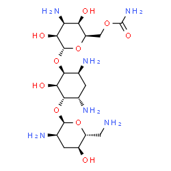 ChemSpider 2D Image | (1S,2R,3S,4S,6S)-4,6-Diamino-3-[(3-amino-6-O-carbamoyl-3-deoxy-alpha-D-talopyranosyl)oxy]-2-hydroxycyclohexyl 2,6-diamino-2,3,6-trideoxy-alpha-D-ribo-hexopyranoside | C19H38N6O10
