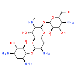 ChemSpider 2D Image | (2R,3S,4R,4aS,6S,7R,8aR)-7-Amino-6-{[(1R,2R,3S,4R,6S)-4,6-diamino-2,3-dihydroxycyclohexyl]oxy}-4-hydroxy-3-(methylamino)octahydropyrano[3,2-b]pyran-2-yl 4-amino-4-deoxy-alpha-D-glucopyranoside | C21H41N5O11