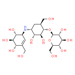 ChemSpider 2D Image | (1S,2S,3R,4R,6S)-2,3-Dihydroxy-6-(hydroxymethyl)-4-{[(1S,4S,5R,6R)-4,5,6-trihydroxy-3-(hydroxymethyl)-2-cyclohexen-1-yl]amino}cyclohexyl beta-D-glucopyranoside | C20H35NO13