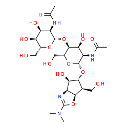 ChemSpider 2D Image | (3aS,4R,5R,6S,6aR)-2-(Dimethylamino)-4-hydroxy-6-(hydroxymethyl)-4,5,6,6a-tetrahydro-3aH-cyclopenta[d][1,3]oxazol-5-yl 2-acetamido-4-O-(2-acetamido-2-deoxy-beta-D-allopyranosyl)-2-deoxy-beta-D-allopyr
anoside | C25H42N4O14