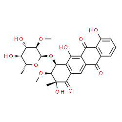 ChemSpider 2D Image | (1S,2S,3R)-3,10,12-Trihydroxy-2-methoxy-3-methyl-4,6,11-trioxo-1,2,3,4,6,11-hexahydro-1-tetracenyl 6-deoxy-2-O-methyl-alpha-D-galactopyranoside | C27H28O12