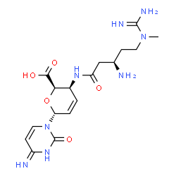 ChemSpider 2D Image | 4-Amino-1-(4-{[(3R)-3-amino-5-(N-methylcarbamimidamido)pentanoyl]amino}-2,3,4-trideoxy-alpha-L-threo-hex-2-enopyranuronosyl)-2(1H)-pyrimidinone | C17H26N8O5