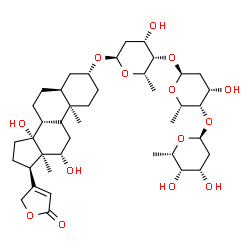 ChemSpider 2D Image | (3beta,5alpha,9beta,12beta,13alpha,14alpha)-3-{[2,6-Dideoxy-alpha-L-lyxo-hexopyranosyl-(1->4)-2,6-dideoxy-alpha-L-lyxo-hexopyranosyl-(1->4)-2,6-dideoxy-alpha-L-lyxo-hexopyranosyl]oxy}-12,14-dihydroxyc
ard-20(22)-enolide | C41H64O14