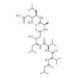ChemSpider 2D Image | N-(3-Methylbutanoyl)-D-valyl-N-[(3R,4S)-1-{[(2R)-1-{[(2R,3R)-1-carboxy-2-hydroxy-5-methyl-3-hexanyl]amino}-1-oxo-2-propanyl]amino}-3-hydroxy-6-methyl-1-oxo-4-heptanyl]-D-valinamide | C34H63N5O9