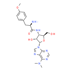 ChemSpider 2D Image | (2R)-2-Amino-N-[(2S,3S,4R,5S)-5-[6-(dimethylamino)-9H-purin-9-yl]-4-hydroxy-2-(hydroxymethyl)tetrahydro-3-furanyl]-3-(4-methoxyphenyl)propanamide (non-preferred name) | C22H29N7O5