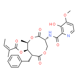 ChemSpider 2D Image | (3R,6R,7R,8R)-8-Benzyl-3-{[(3-hydroxy-4-methoxy-2-pyridinyl)carbonyl]amino}-6-methyl-4,9-dioxo-1,5-dioxonan-7-yl (2Z)-2-methyl-2-butenoate (non-preferred name) | C27H30N2O9