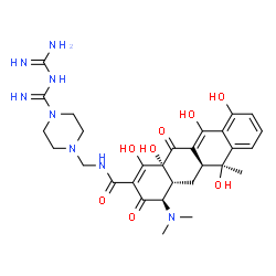 ChemSpider 2D Image | (4R,4aR,5aS,6S,12aR)-N-{[4-(N-Carbamimidoylcarbamimidoyl)-1-piperazinyl]methyl}-4-(dimethylamino)-1,6,10,11,12a-pentahydroxy-6-methyl-3,12-dioxo-3,4,4a,5,5a,6,12,12a-octahydro-2-tetracenecarboxamide | C29H38N8O8