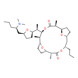 ChemSpider 2D Image | (1R,2S,5R,6R,7R,10S,11R,14S,16R)-5-[(1R)-1-{(2R,5S)-5-[(2R)-2-(Dimethylamino)pentyl]tetrahydro-2-furanyl}ethyl]-2,6,11-trimethyl-14-propyl-4,13,19,20-tetraoxatricyclo[14.2.1.1~7,10~]icosane-3,12-dione | C35H61NO7