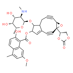 ChemSpider 2D Image | (1aS,9aR)-6-{[2,6-Dideoxy-2-(methylamino)-alpha-D-galactopyranosyl]oxy}-1a-[(4S)-2-oxo-1,3-dioxolan-4-yl]-2,3,8,9-tetradehydro-1a,5,6,6a,7,9a-hexahydrocyclopenta[5,6]cyclonona[1,2-b]oxiren-5-yl 2-hydr
oxy-7-methoxy-5-methyl-1-naphthoate | C35H35NO12