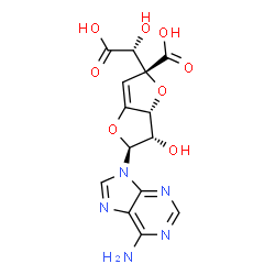 ChemSpider 2D Image | 9-{(6R)-3,6-Anhydro-6-carboxy-6-[(R)-carboxy(hydroxy)methyl]-5-deoxy-beta-L-erythro-hex-4-enofuranosyl}-9H-purin-6-amine | C14H13N5O8