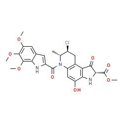 ChemSpider 2D Image | Methyl (2R,7R,8S)-8-chloro-4-hydroxy-7-methyl-1-oxo-6-[(5,6,7-trimethoxy-1H-indol-2-yl)carbonyl]-2,3,6,7,8,9-hexahydro-1H-pyrrolo[3,2-f]quinoline-2-carboxylate | C26H26ClN3O8