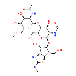 ChemSpider 2D Image | (3aS,4S,5S,6S,6aR)-4-Hydroxy-6-(hydroxymethyl)-2-(methylimino)hexahydro-2H-cyclopenta[d][1,3]oxazol-5-yl 2-acetamido-4-O-(2-acetamido-2-deoxy-6-O-methyl-alpha-D-allopyranosyl)-2-deoxy-alpha-D-gulopyra
noside | C25H42N4O14