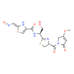 ChemSpider 2D Image | (2Z)-N-[(1S)-2-Hydroxy-1-{(4R)-4-[(4-methoxy-2-oxo-2,5-dihydro-1H-pyrrol-1-yl)carbonyl]-4,5-dihydro-1,3-thiazol-2-yl}ethyl]-2-(nitrosomethylene)-2,3-dihydro-1,3-thiazole-4-carboxamide | C16H17N5O6S2