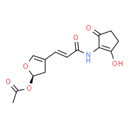 ChemSpider 2D Image | (2R)-4-{(1E)-3-[(2-Hydroxy-5-oxo-1-cyclopenten-1-yl)amino]-3-oxo-1-propen-1-yl}-2,3-dihydro-2-furanyl acetate | C14H15NO6